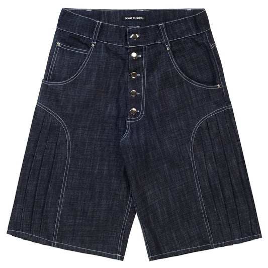 'Uniform' pleated raw denim jorts