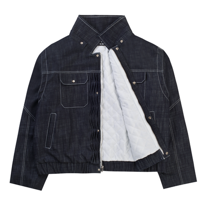 'distorted' wavy pleated raw denim jacket