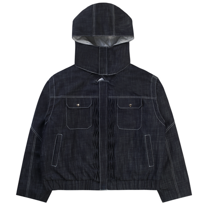 'distorted' wavy pleated raw denim jacket