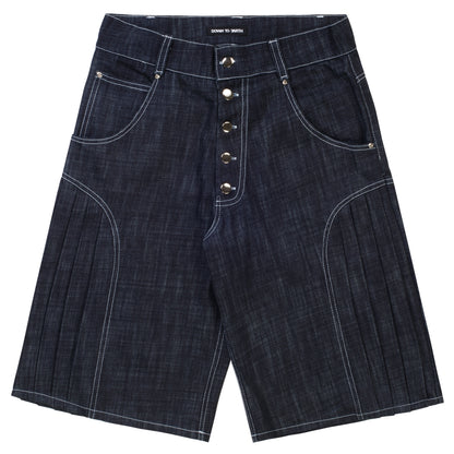 'Uniform' pleated raw denim jorts