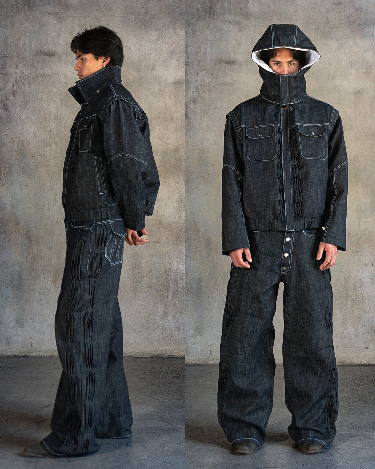 'distorted' wavy pleated raw denim jacket