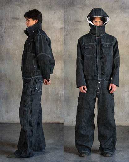 'distorted' wavy pleated raw denim jacket